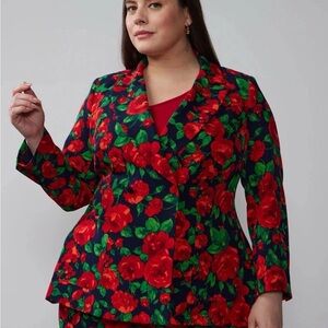NY & Co Red Green Floral Tuxedo Blazer Sz 14 – Statement Jacket NWT